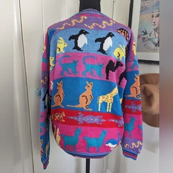 VTG Grannycore Christine Foley Noah’s Ark Cardigan Sweater Animals Circus 2 - Picture 7 of 10